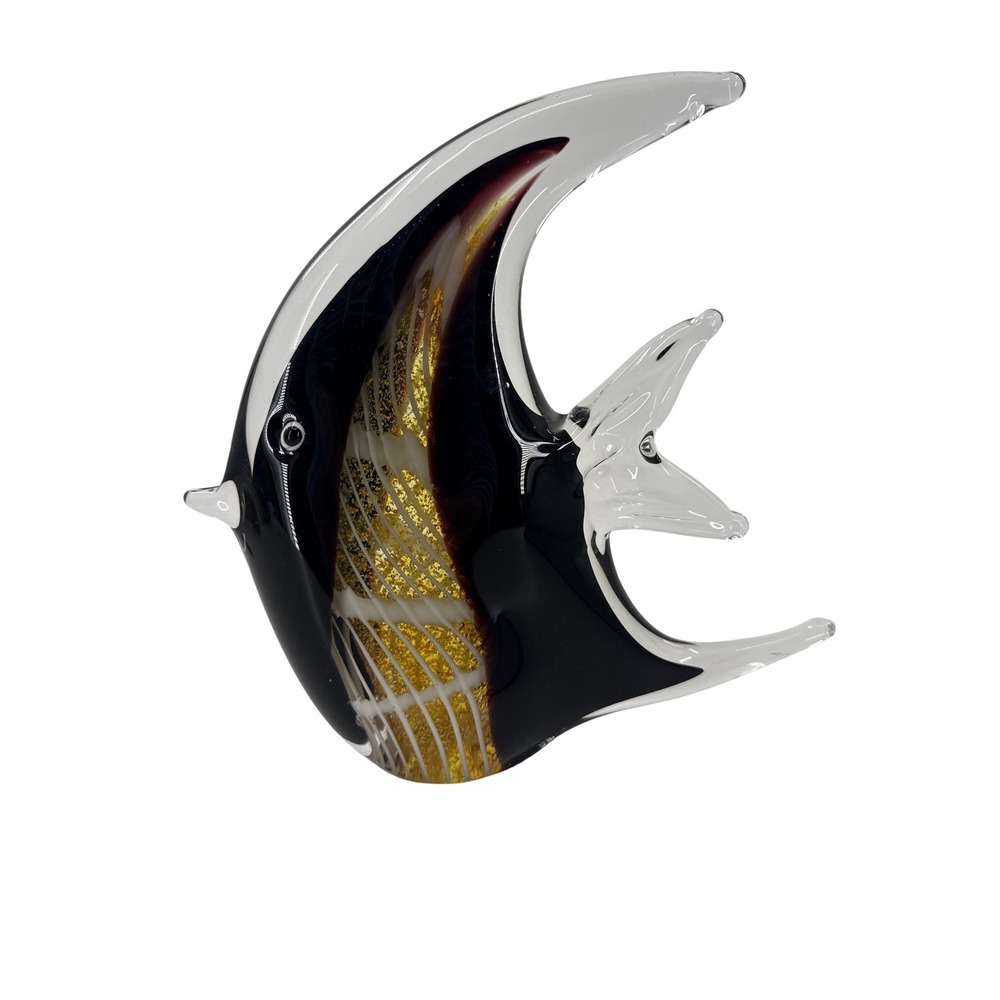 Murano Hand Blown Glass Fish Figurine Black Gold Glitter Angel Fish Sculpture